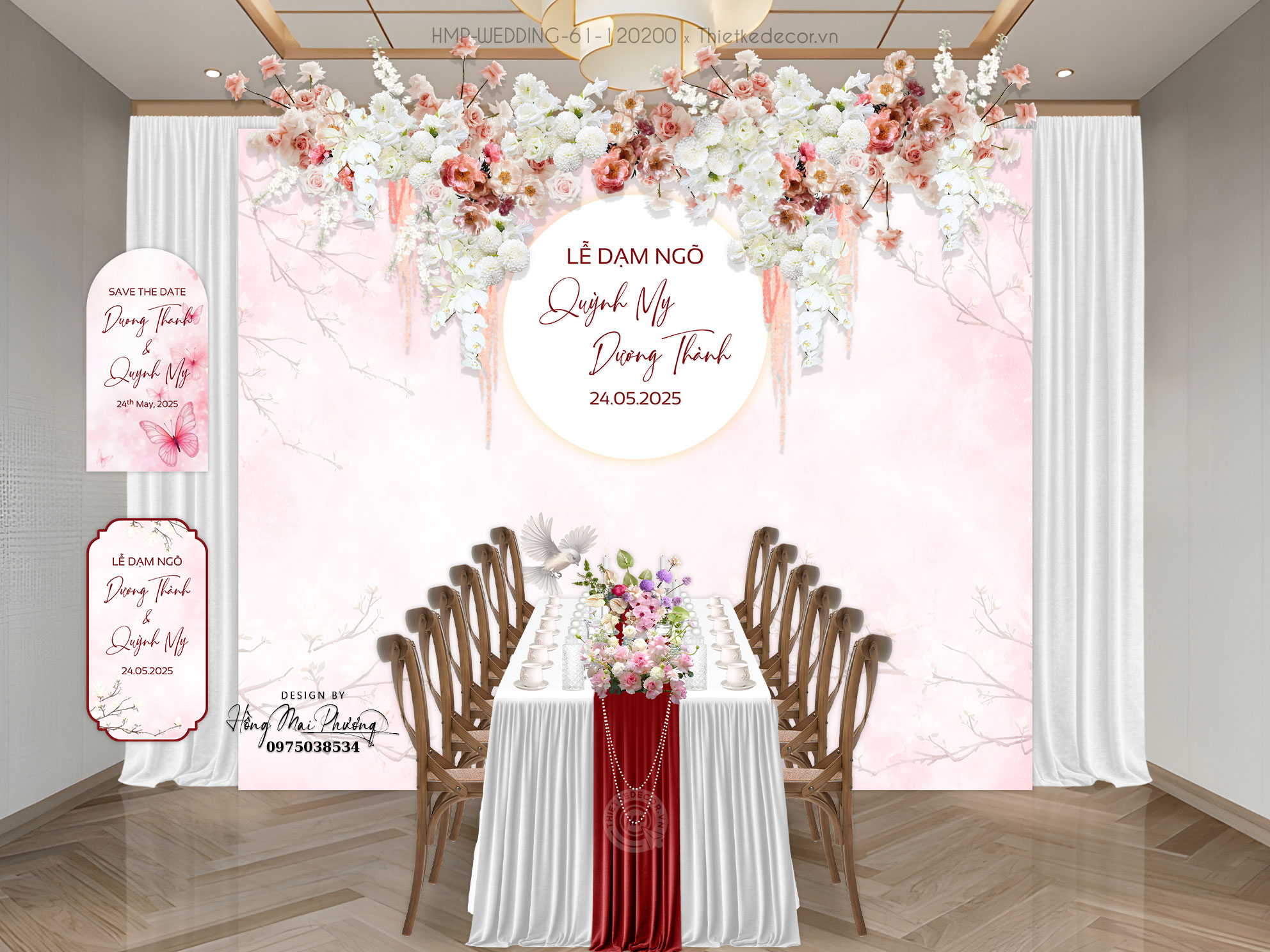 Gia tiên tone hồng nhạt kèm 2 option tem nước, họa tiết cành hoa và đôi chim uyên ương